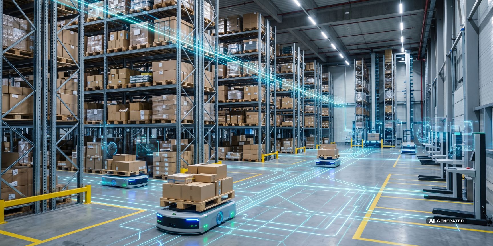 Innenansicht eines Smart Warehouse: Autonome mobile Roboter und automatisierte Hochregale, vernetzt durch IoT-Datenströme in der Logistikimmobilie.